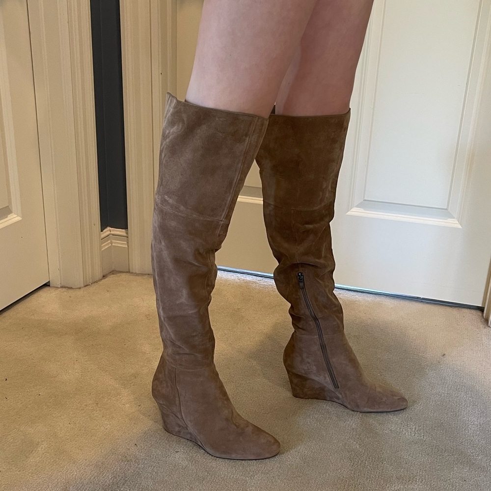 Via Spiga over the knee tan suede wedge boot